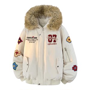 
Charles Heart Casual Flower Printed Fur Collar Cotton Jacket for Men Winter New Warm and Thickened Couple Cotton Jacket