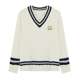 
Basic House/Baijiahao Autumn and Winter Academy Style Contrast V-neck Sweater Cable Embroidered Pullover Top 2025