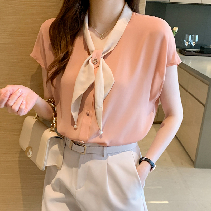 Acetate satin pink shirt workplace light and mature women's wear office workers wear high-end age-reducing chiffon short-sleeved tops
