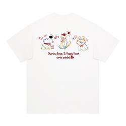 Charles Peach Heart Cartoon Pet Dog Print Pure Cotton Short Sleeve T-shirt Men and Women 2025 New American Summer Couple