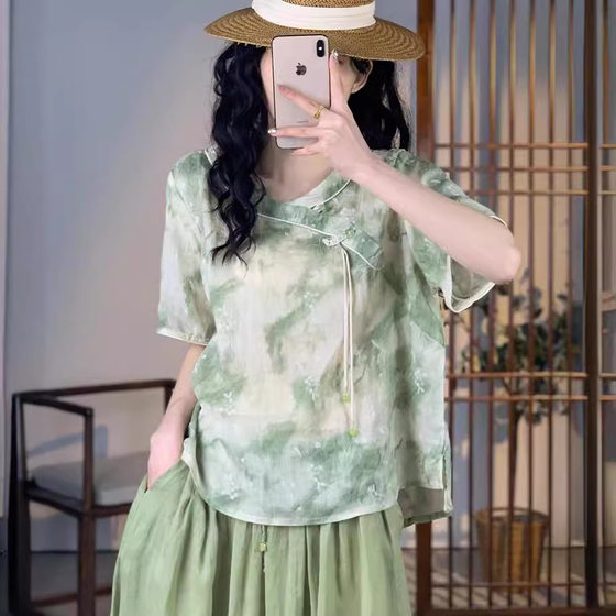Yuanyuan Meiyi 24 여름 새로운 느슨한 대형 얇은 모시 인쇄 v 넥 반팔 티셔츠 여성용 복고풍