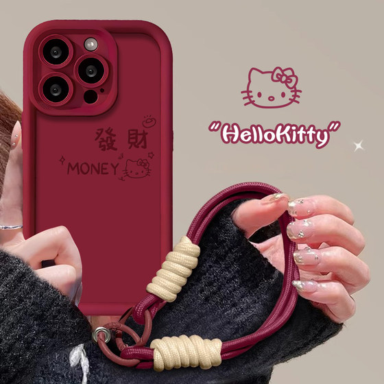 适用苹果16手机壳iphone15promax秋冬新款HelloKitty硅胶软壳14pro酒红色13发财女款12全包11防摔plus带挂绳