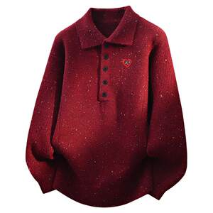 
Charles Peach Heart Horse Year Red Gypsophila Sweater Men's Winter New Trendy Brand Lazy Couple Lapel Sweater