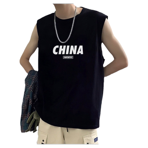 Pure cotton vest men's tide brand summer external piercing split vest thin INS loose shoulder printed sleeveless T -shirt
