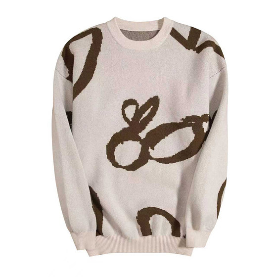 The same style of the star men's pure cashmere sweater round neck thickened milky white jacquard sweater loose youth sweater men's trend