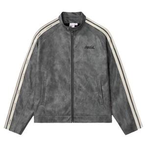 
Coca-Cola/Coca-Cola asymmetric webbing splicing embroidered American retro motorcycle jacket leather jacket for men and women