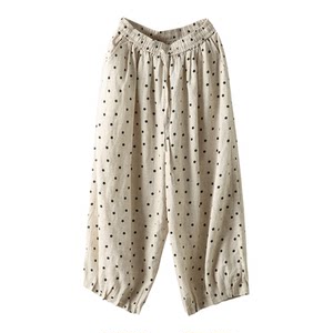 
Yuanyuan Meiyi Retro Heavy Industry Printed 100% Linen Bloomers Literary Elastic Waist Slimming Harem Pants Nine-Point Pants