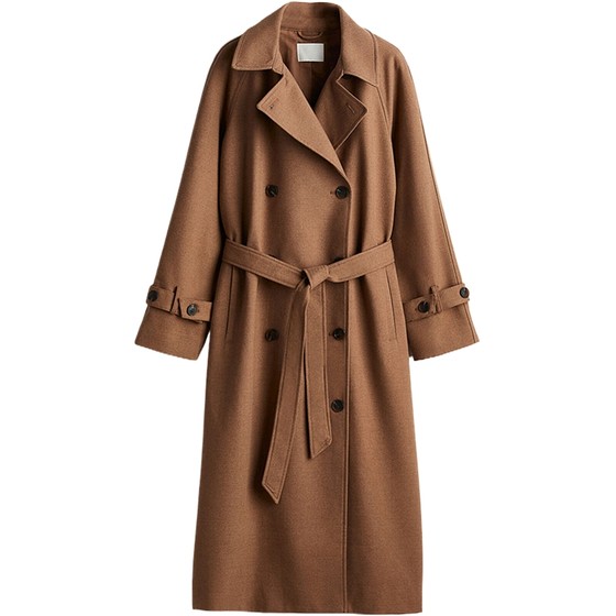 
HM women's windbreaker autumn twill waist-closed double-breasted lapel mid-length old Qianfeng coat 1247470