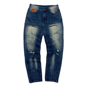 
American retro distressed ripped lightning pattern washed fit straight-leg all-match jeans trendy men's casual long pants