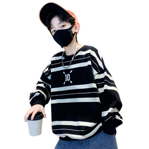
Boys Spring and Autumn Long Sleeve T-shirt 2026 New Autumn Clothes for Large Children and Velvet Bottoming Shirt Children's Striped Street Sweater A