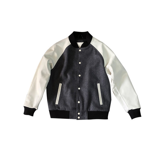 
2025 new baseball uniform top layer cowhide leather spliced ​​genuine leather sleeve loose jacket men and women same jacket casual leather jacket