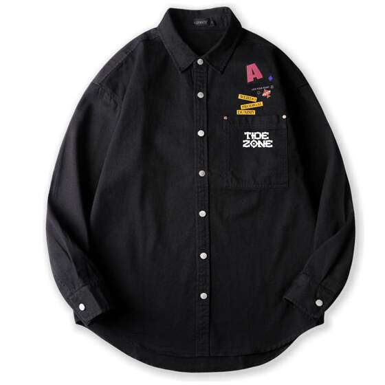 
KERWATS new American retro colorful stamp printed loose long-sleeved cardigan T-shirt pure cotton autumn shirt men