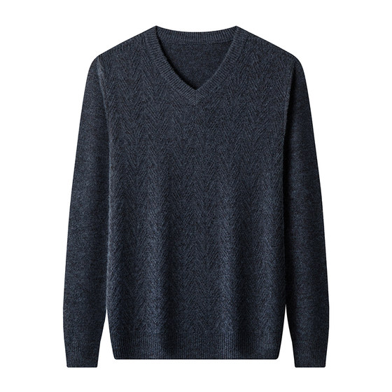 Shanghai Chunzhu 100% cashmere sweater for men's chicken heart collar thickened warm middle-aged casual knitted V-neck new sweater