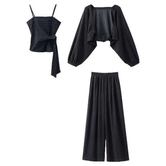 
Ximeng 2025 new autumn and winter Korean style high-end niche western style plaid suspender jacket and trousers three-piece set