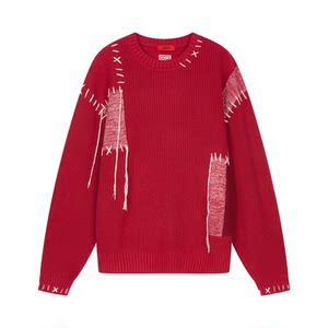 
INXX star's same style American patchwork sweater for men, trendy brand hand-stitched New Year's red round neck sweater for couple
