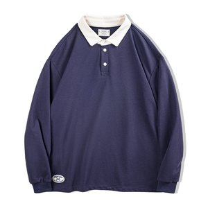 Madden Gong American retro knitted contrasting color POLO shirt sweater college style red lapel long -sleeved T -shirt male autumn
