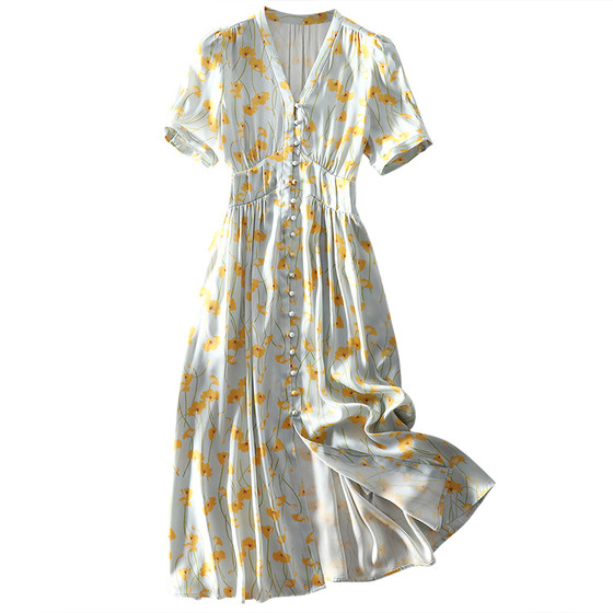 Special #25 summer high waist V-neck single-breasted heavy silk print dress slim and slim temperament tea break long skirt