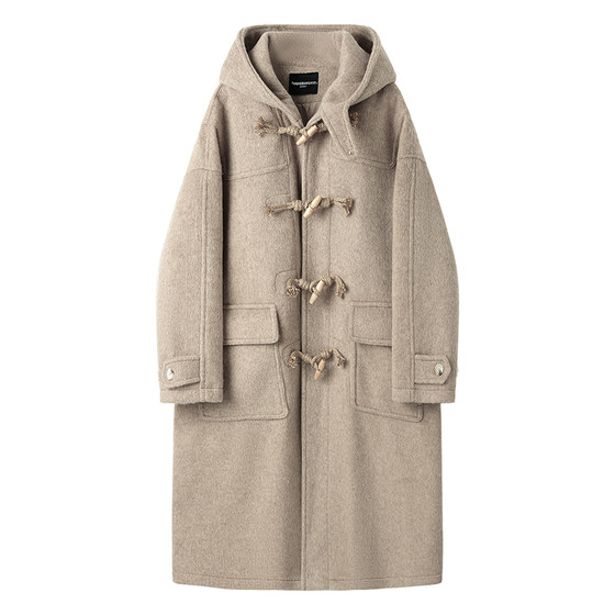 Baikouyang [Houston University] Wool horn buckle thickened hooded woolen coat men's Korean woolen coat winter