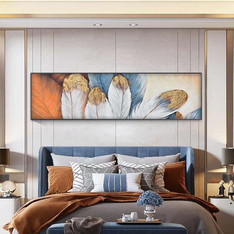 现代简约卧室床头画抽象客厅沙发背景墙挂画轻奢横版橙色羽毛壁画