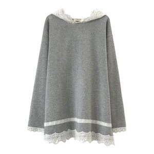 Nuochu maternity lace hoodie spliced ​​long-sleeved white T-shirt 2025 spring loose top base shirt
