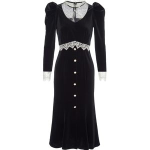 
MAXRIENY velvet dress French lace skirt puff sleeve Hepburn style long skirt high-quality women's clothing