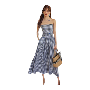 Beibei same Cloudseason cherry plaid dress long blue high -waist high -level high -level high -level sense A -line skirt
