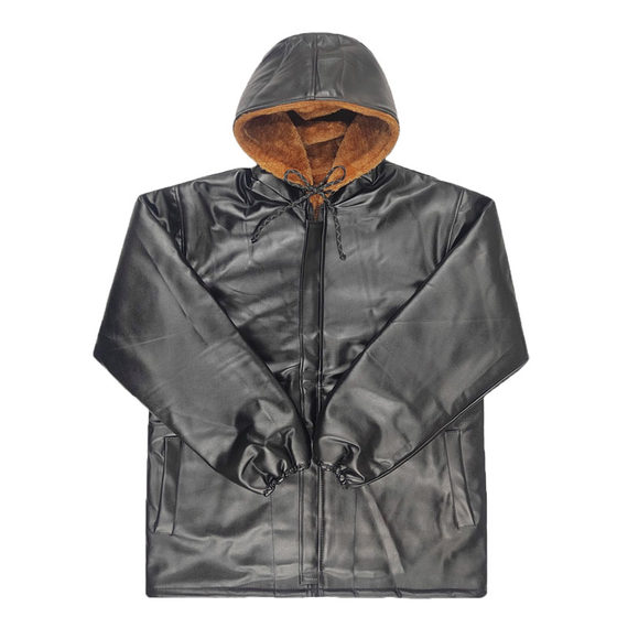Add velvet thick leather jacket in winter men's loose warmth and windproof leather pants work clothes suits large size waging cotton jacket cotton jacket
