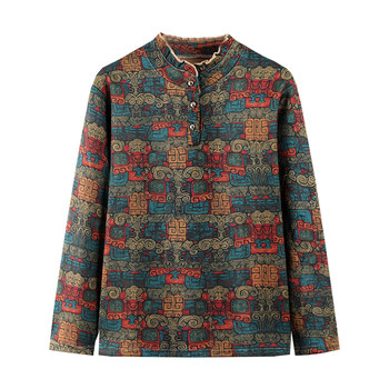 Western style mom printed velvet bottoming shirt autumn and winter T-shirt