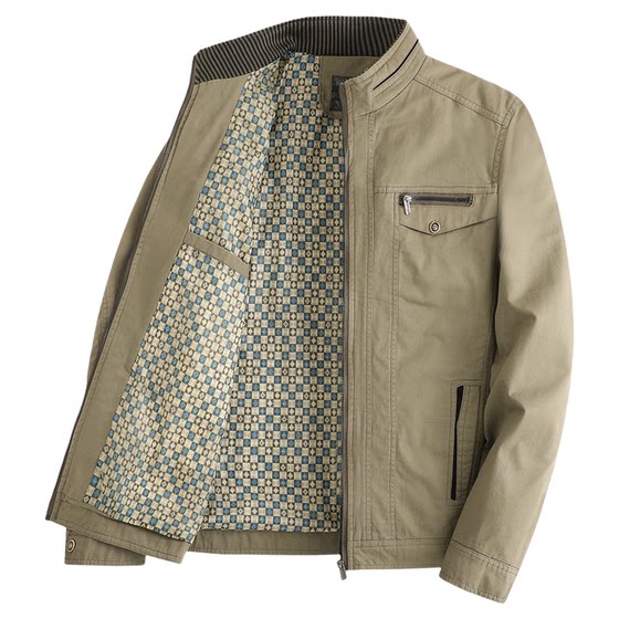 Spring and autumn middle -aged and elderly men's stand -up collar pure cotton jacket dad autumn jacket middle -aged thin cotton men's top
