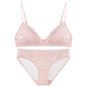 
Forlé Girl French Underwear Women's Lace Splicing Small Breast Wireless Bra Set Summer Thin Cornus Pink