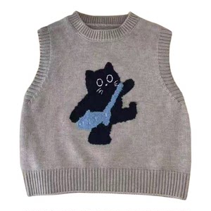 
Children's Sweater Vest 2025 Spring and Autumn Style Boys and Girls Cartoon Kitten Knitted Vest Autumn Boys' Bottoming Shirt Trendy