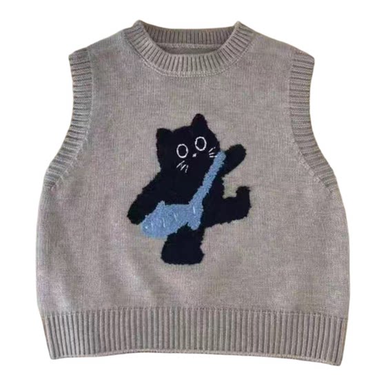 
Children's Sweater Vest 2025 Spring and Autumn Style Boys and Girls Cartoon Kitten Knitted Vest Autumn Boys' Bottoming Shirt Trendy