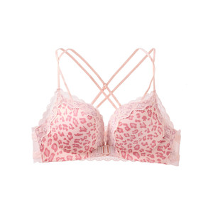 Pink leopard print front button lace bra for women with small breasts, small breasts, no wires, spaghetti straps, beautiful back, seamless bra set