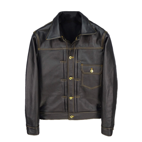 The affordable version of the first layer of cowhide 506xx Japanese denim slim leather leather coat men's coat light brown stitching color