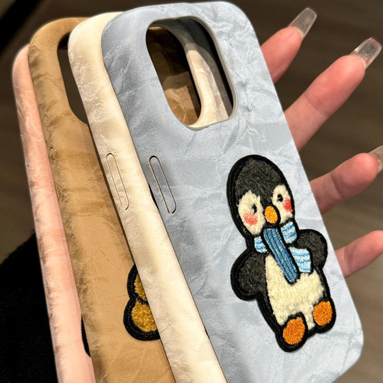 高级感丝绒刺绣jellycat企鹅适用苹果iphone16promax手机壳15promax简约小清新14pro卡通可爱13个性防摔16pro