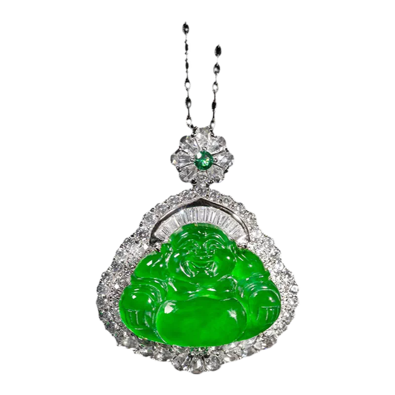 天然石 逸品帝王緑本翡翠s925銀の弥勒仏 ネックレス（番号A3857） 天然逸品