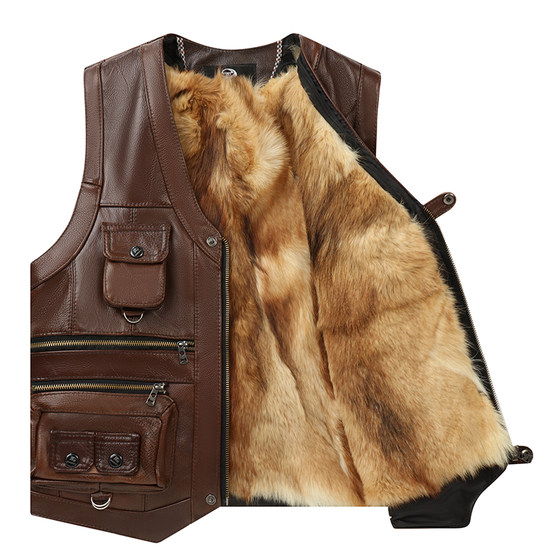 Leather cowhide vest Middle -aged and elderly men in autumn and winter skin wool vest thickened cotton shoulder elderly father pretend to be