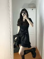 Ретро летнее платье, приталенный корсет, черная мини-юбка, французский стиль