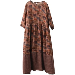 
Yuanyuan Meiyi retro fried color printed ramie dress for women with high waist splicing hem double-layer temperament over-knee long skirt