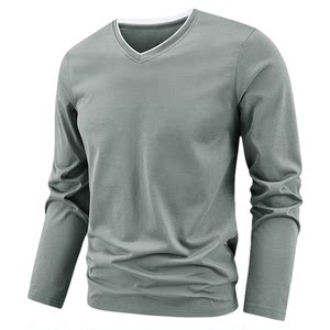 
Pure cotton long-sleeved T-shirt men's V-neck bottoming shirt loose breathable loose large size stretch solid color casual sweetheart neck top