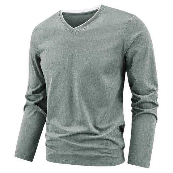 
Pure cotton long-sleeved T-shirt men's V-neck bottoming shirt loose breathable loose large size stretch solid color casual sweetheart neck top