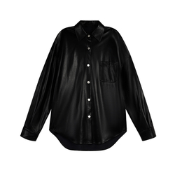Chen Mifan Black Leather Jacket Women's Long-sleeved Spring And Autumn 2023 Loose Leather Shirt Motorcycle Jacket Coat