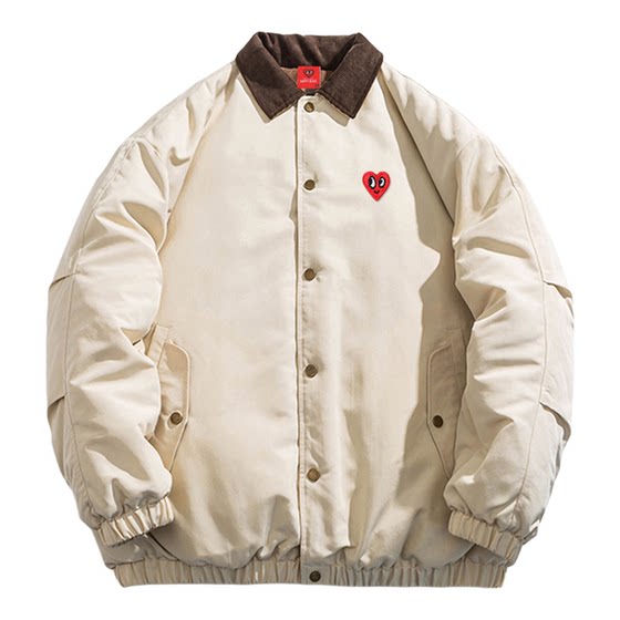 
Charles Heart Barn Style Lapel Contrast Color Trendy Brand Cotton Coat for Men and Women Winter New Retro Couple Cotton Coat Jacket