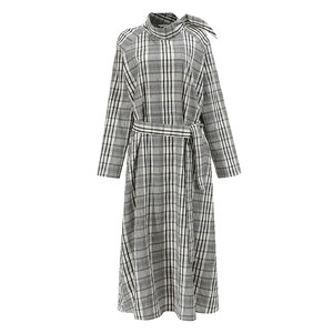 
NON RESTRAIN Adjustable Swing Collar Raglan Sleeve Dress Women's Loose Retro Plaid Belt Temperament Long Dress