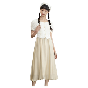 
Zihan square neck short-sleeved dress for women with small high-waisted Xia Sen sweet beige embroidered waist-length skirt