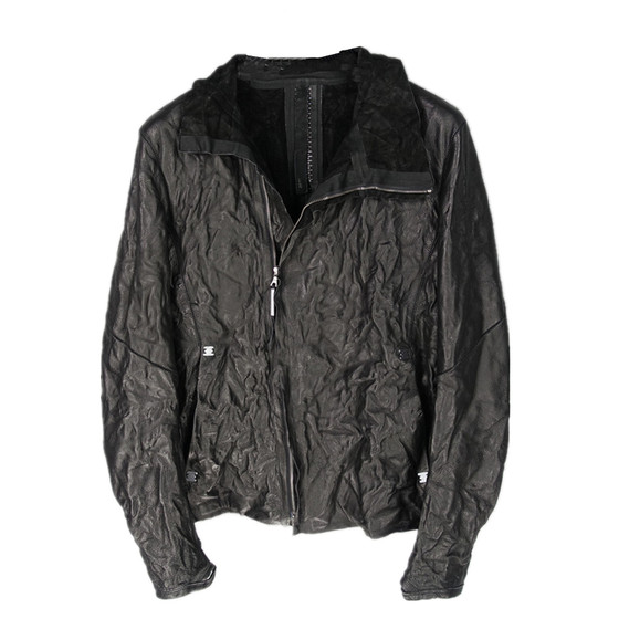 
Dark series pressed glue-on-seam splicing without liner three metal keel tet cowhide leather jacket men's asymmetrical collar glove sleeves