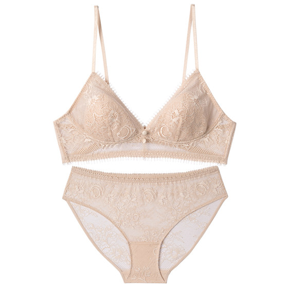 
Fly Girls French Lace Lingerie Triangle Cup Wireless Small Bra Set Fixed Chest Pad Thin Style Comfortable