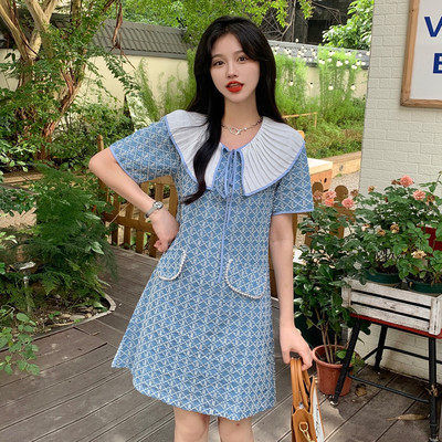 taobao agent Summer denim dress, design doll, plus size, Chanel style, trend of season, doll collar, fitted