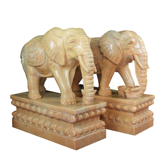 白い大理石の象のペア - 曲陽石彫りの装飾品