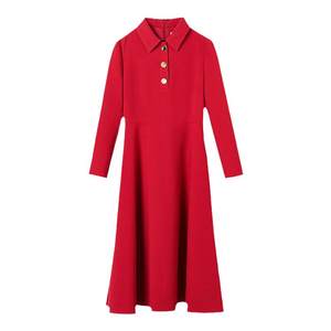 Langzi retro Hepburn style high-spirited temperament long-sleeved A-line skirt 2025 spring new waist-hugging slim dress
